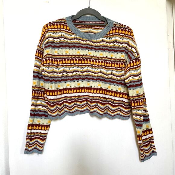 Shein Cropped Sweater SMALL Fairycore Bohemian Knit Striped‎ Blue Yellow Hippie - Picture 1 of 7